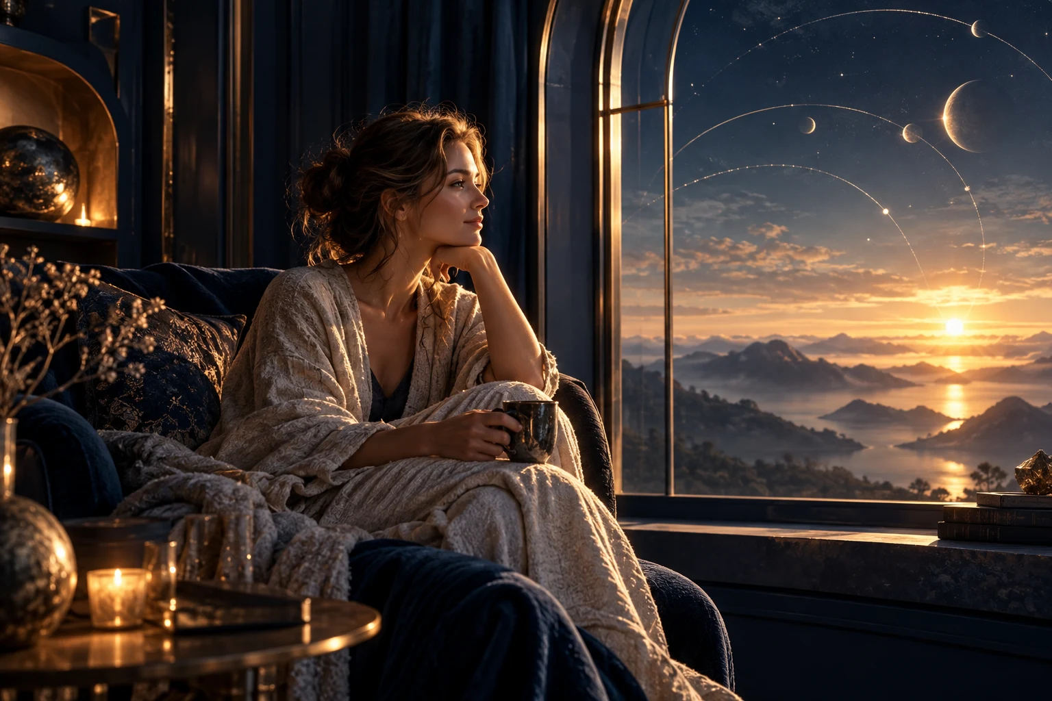 En kvinna i stilla reflektion vid ett fönster med kosmisk utsikt