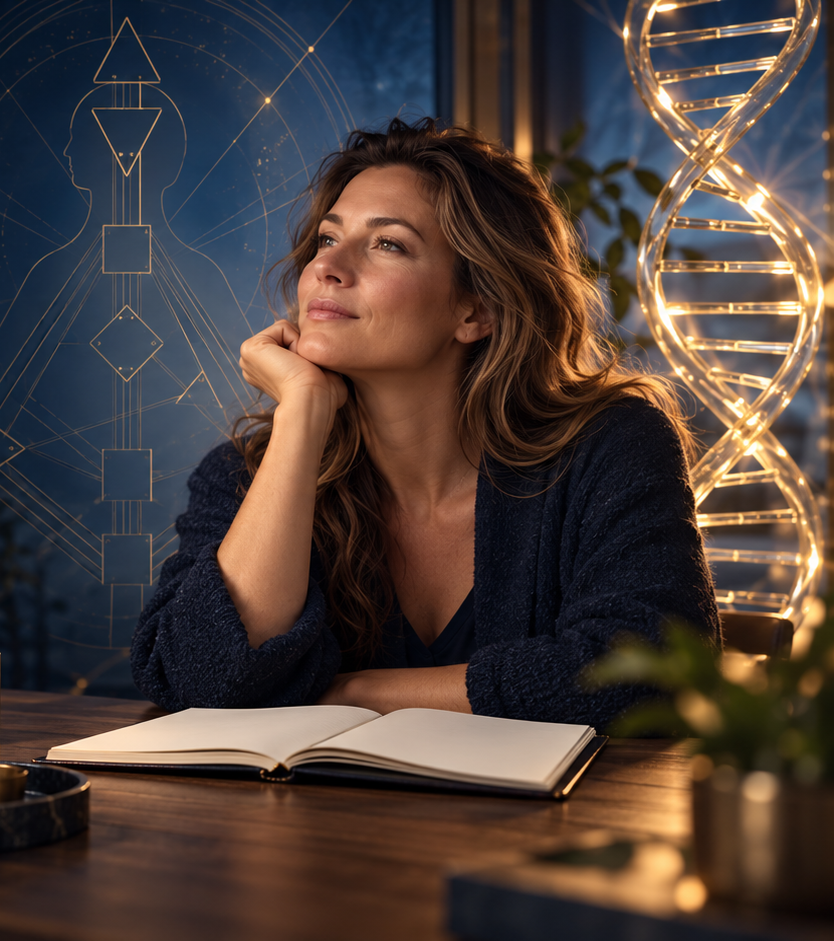 Kvinna i eftertanke framför en Human Design-karta och en DNA-spiral – grundkursen Att leva sin design
